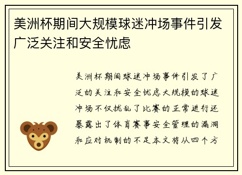 美洲杯期间大规模球迷冲场事件引发广泛关注和安全忧虑 美洲杯期间大规模球迷冲场事件引发广泛关注和安全忧虑